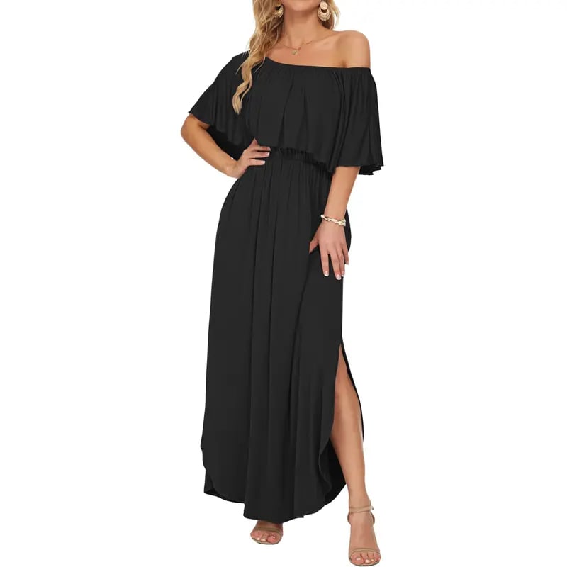🔥 50% OFF🔥Women's Off The Shoulder Dress Wedding Guest Dress Summer Casual Long Ruffle Party Side Split Beach Maxi Dresses