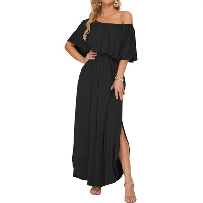 🔥 50% OFF🔥Women's Off The Shoulder Dress Wedding Guest Dress Summer Casual Long Ruffle Party Side Split Beach Maxi Dresses