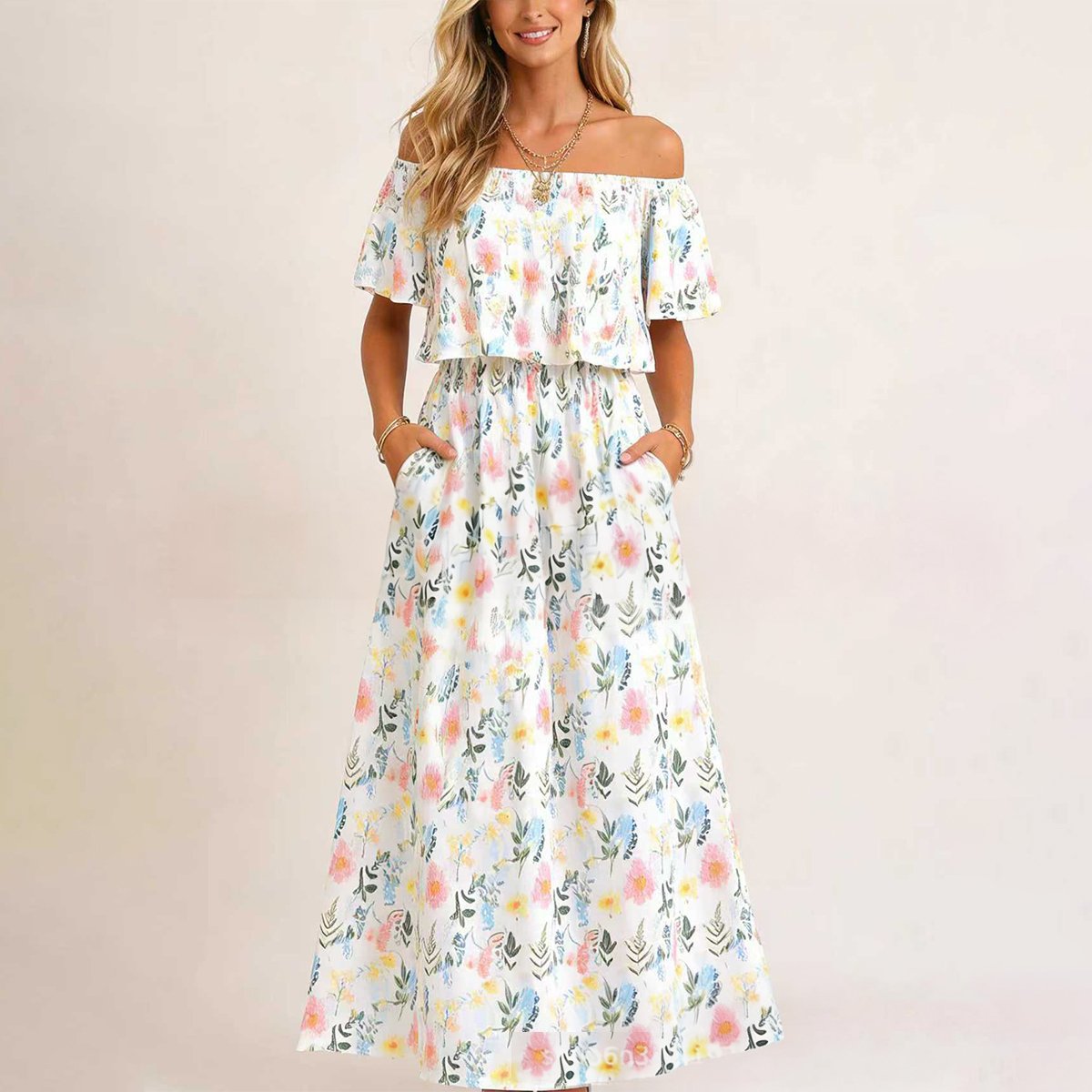 🔥 50% OFF🔥Women's Off The Shoulder Dress Wedding Guest Dress Summer Casual Long Ruffle Party Side Split Beach Maxi Dresses
