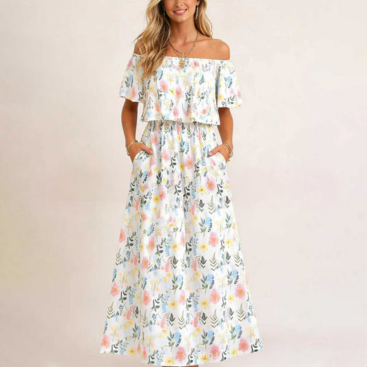 🔥 50% OFF🔥Women's Off The Shoulder Dress Wedding Guest Dress Summer Casual Long Ruffle Party Side Split Beach Maxi Dresses