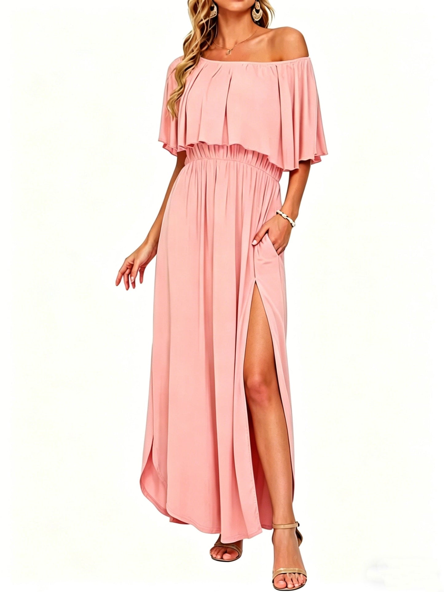 🔥 50% OFF🔥Women's Off The Shoulder Dress Wedding Guest Dress Summer Casual Long Ruffle Party Side Split Beach Maxi Dresses
