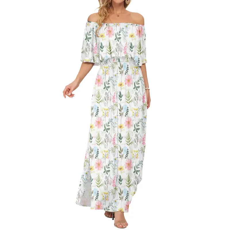 🔥 50% OFF🔥Women's Off The Shoulder Dress Wedding Guest Dress Summer Casual Long Ruffle Party Side Split Beach Maxi Dresses