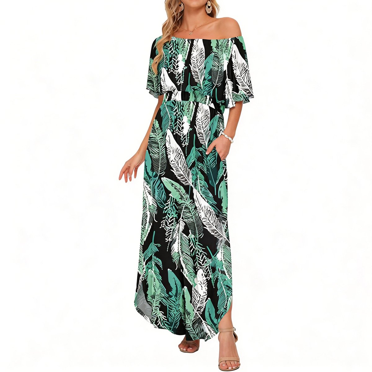 🔥 50% OFF🔥Women's Off The Shoulder Dress Wedding Guest Dress Summer Casual Long Ruffle Party Side Split Beach Maxi Dresses