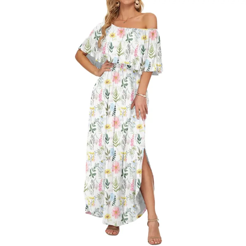 🔥 50% OFF🔥Women's Off The Shoulder Dress Wedding Guest Dress Summer Casual Long Ruffle Party Side Split Beach Maxi Dresses