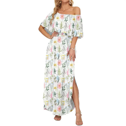🔥 50% OFF🔥Women's Off The Shoulder Dress Wedding Guest Dress Summer Casual Long Ruffle Party Side Split Beach Maxi Dresses