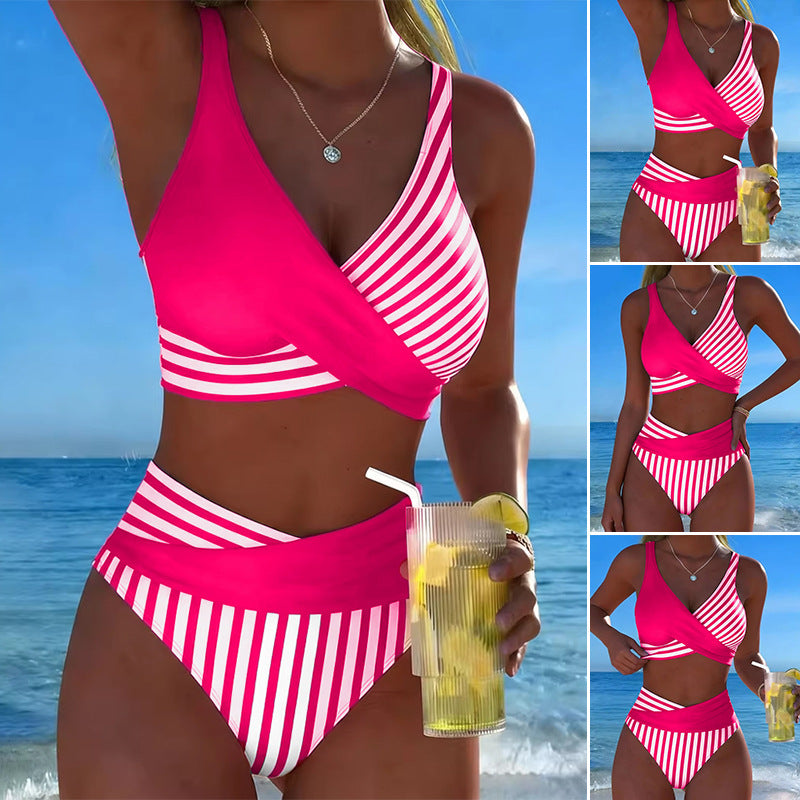 Crisscross Striped Print Bikini