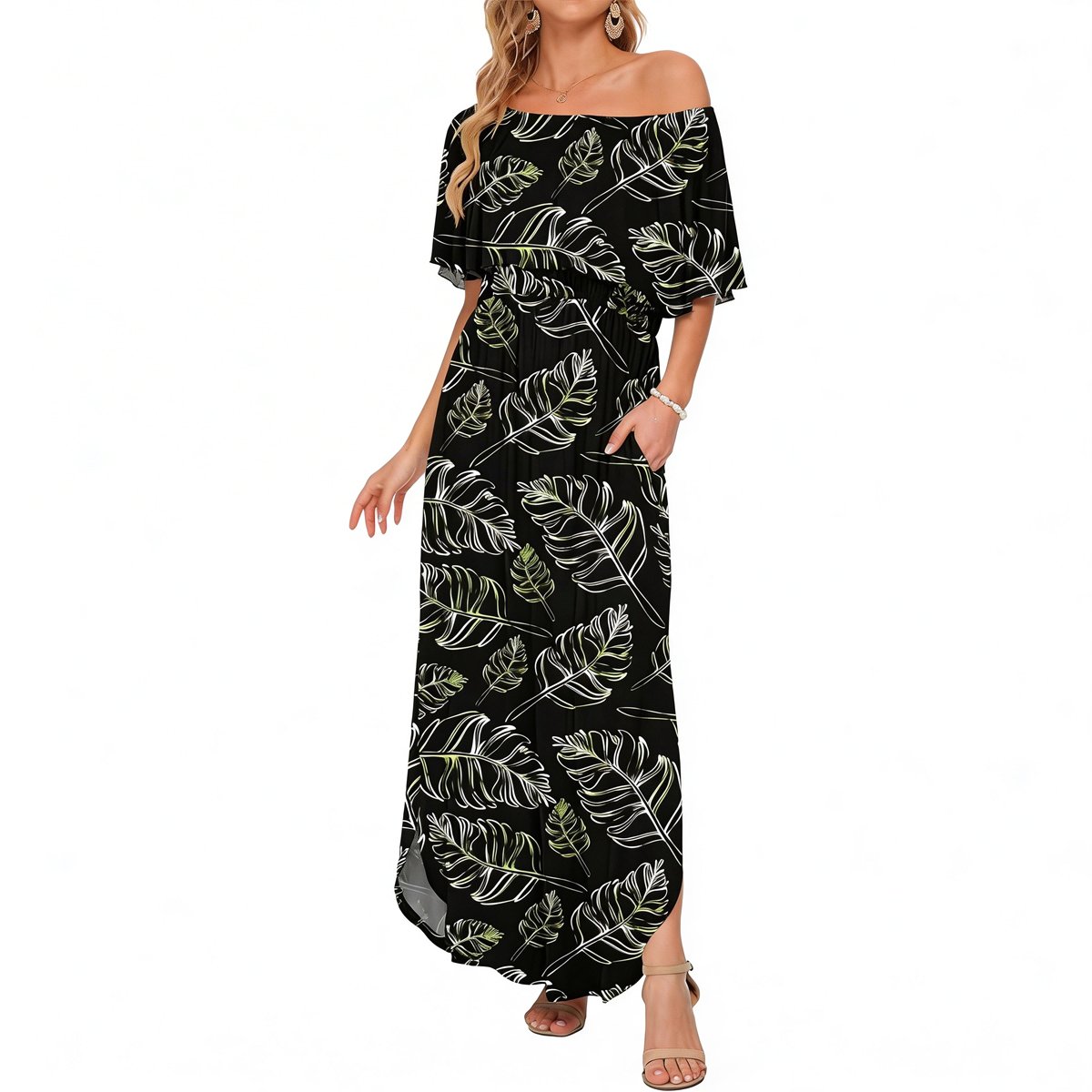 🔥 50% OFF🔥Women's Off The Shoulder Dress Wedding Guest Dress Summer Casual Long Ruffle Party Side Split Beach Maxi Dresses