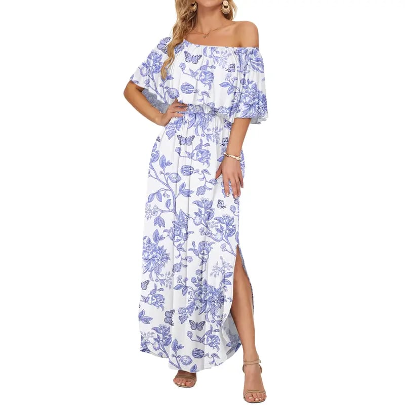 🔥 50% OFF🔥Women's Off The Shoulder Dress Wedding Guest Dress Summer Casual Long Ruffle Party Side Split Beach Maxi Dresses