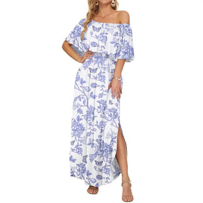 🔥 50% OFF🔥Women's Off The Shoulder Dress Wedding Guest Dress Summer Casual Long Ruffle Party Side Split Beach Maxi Dresses