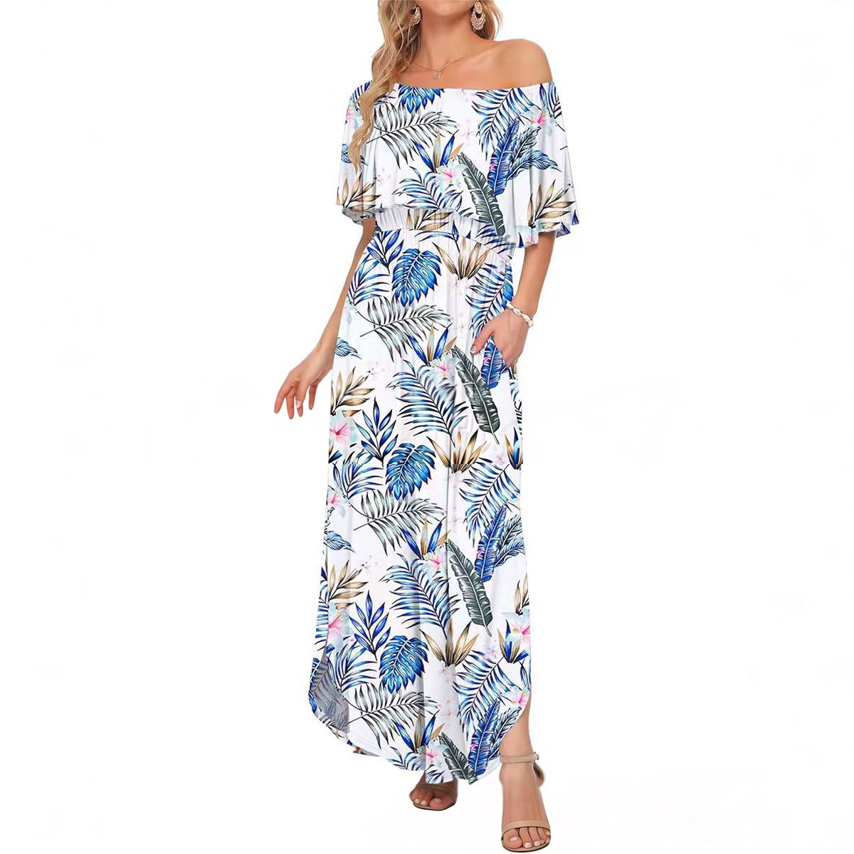 🔥 50% OFF🔥Women's Off The Shoulder Dress Wedding Guest Dress Summer Casual Long Ruffle Party Side Split Beach Maxi Dresses