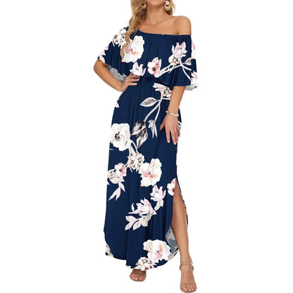 🔥 50% OFF🔥Women's Off The Shoulder Dress Wedding Guest Dress Summer Casual Long Ruffle Party Side Split Beach Maxi Dresses