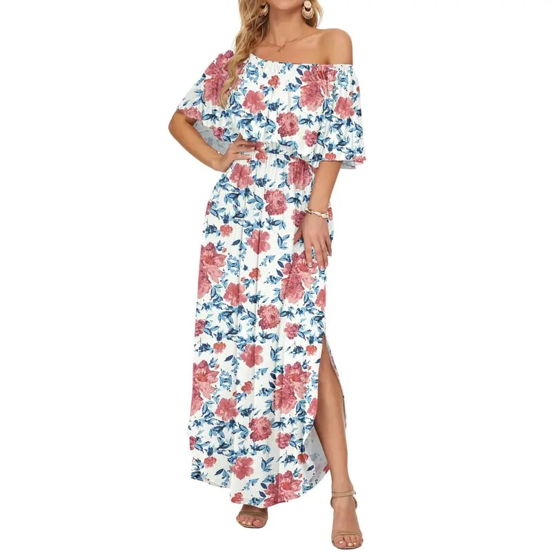 🔥 50% OFF🔥Women's Off The Shoulder Dress Wedding Guest Dress Summer Casual Long Ruffle Party Side Split Beach Maxi Dresses