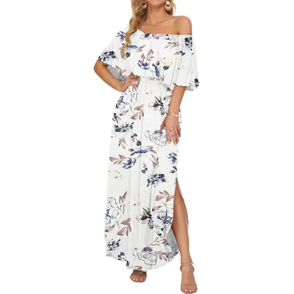 🔥 50% OFF🔥Women's Off The Shoulder Dress Wedding Guest Dress Summer Casual Long Ruffle Party Side Split Beach Maxi Dresses